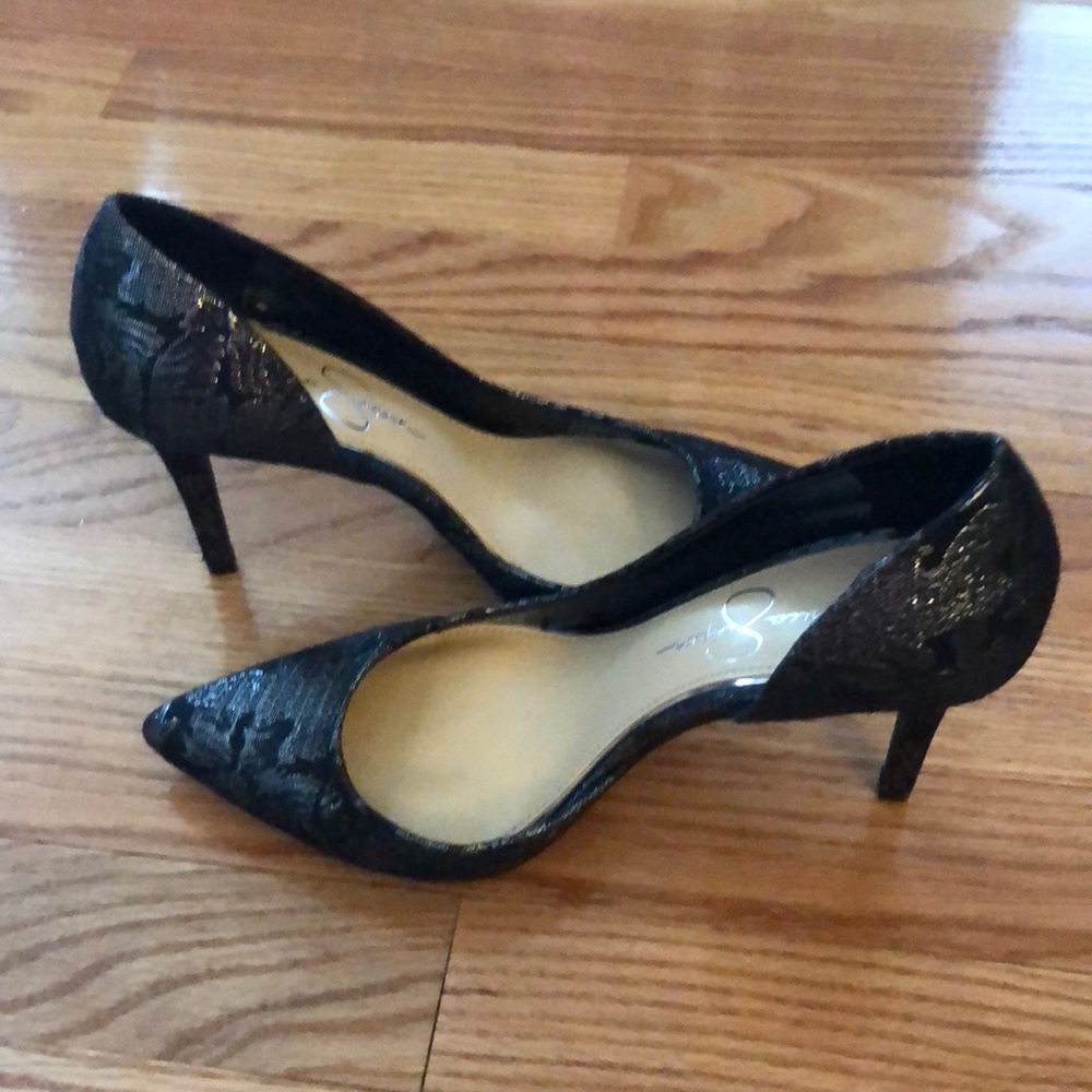 Jessica Simpson Black Silver Patterened Pumps 7.5